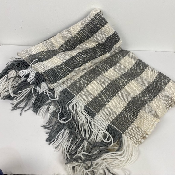 Plaid Fringe Edge Grey & White Throw Blanket Minimalist Modern House Decor - Picture 1 of 2